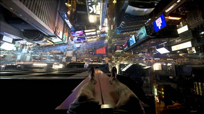 Point of view from extreme heights over Times Square at night