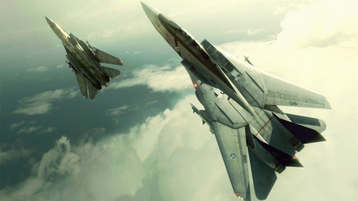 Two F-14 Tomcat fighter jets flying in the sky