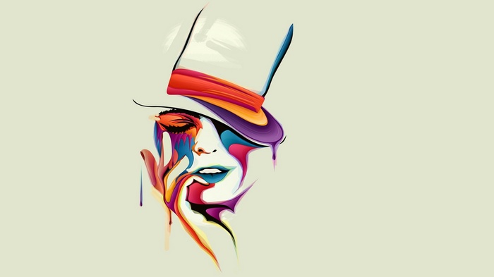 Abstract painting of a woman wearing a hat with colorful paint drips