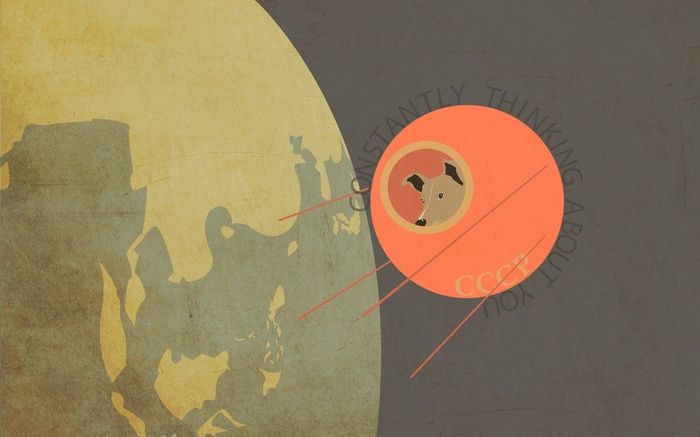 Laika the dog in space with USSR text