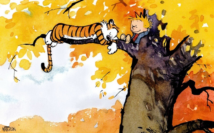 Calvin and Hobbes sleeping in a tree during fall