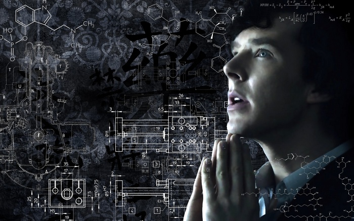 Sherlock Holmes with scientific formulas and blueprints