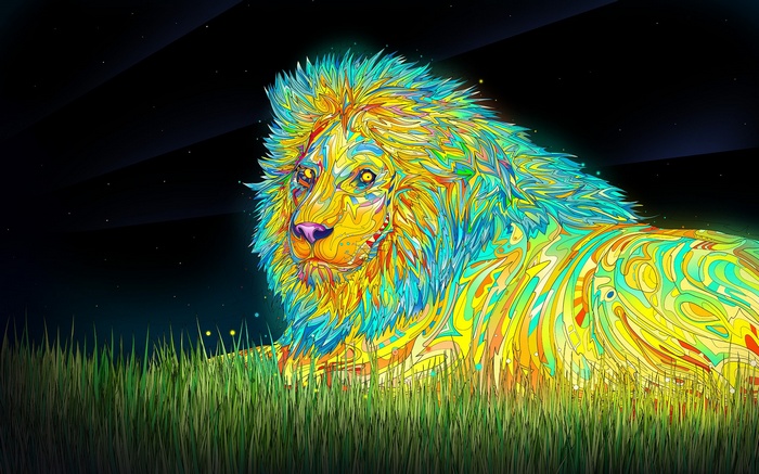 Colorful psychedelic lion in grass at night