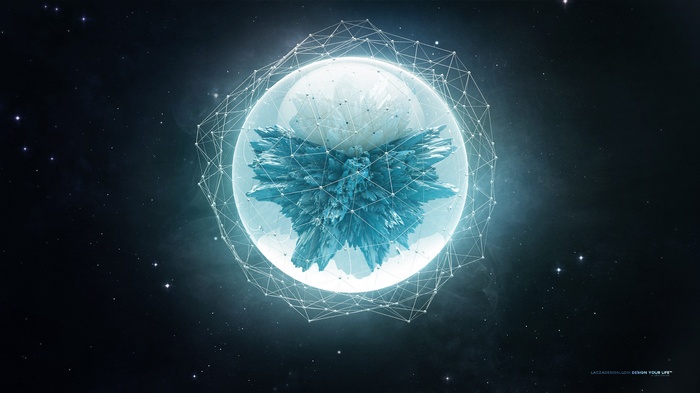 Abstract blue crystal sphere in space with wireframe