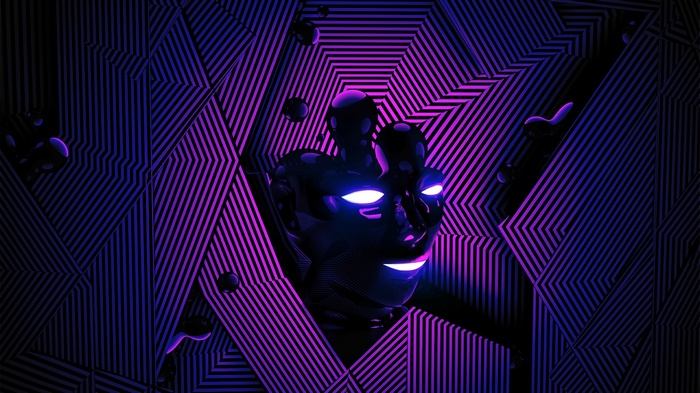 Abstract digital art with glowing face and geometric patterns