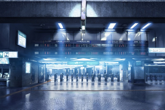 Anime train station with ticket gates and departure boards