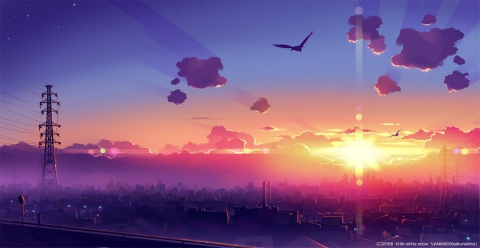 Anime Cityscape at Sunset with Power Lines and Birds