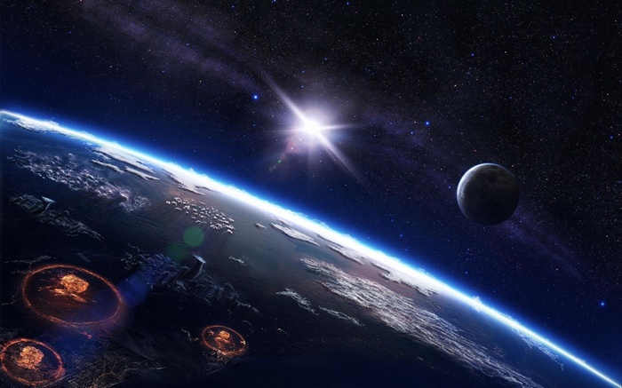 Digital art of Earth from space with a bright sun and moon