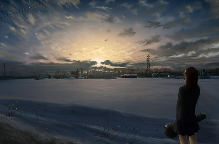 Anime girl with violin case in snowy landscape at sunset