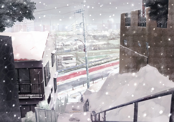 Anime cityscape with snow falling on buildings and stairs