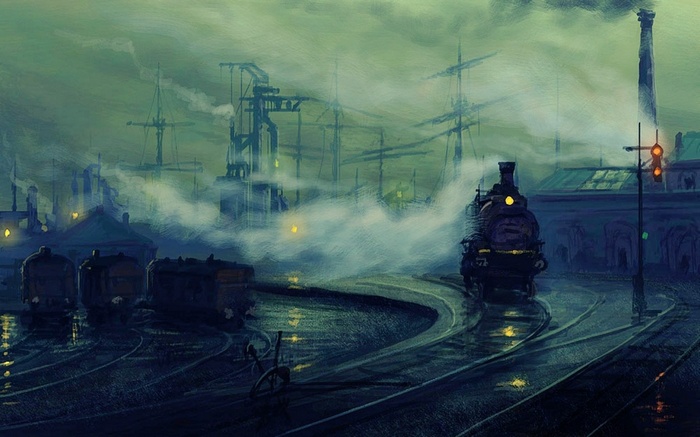 Steam locomotive at a foggy dockside with ships