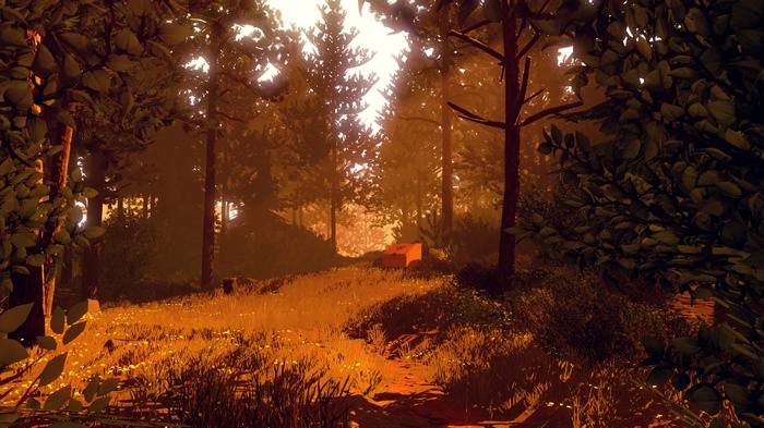 Firewatch artwork of a forest path with a red object