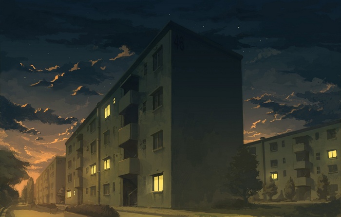 Anime apartment buildings at dusk with glowing windows