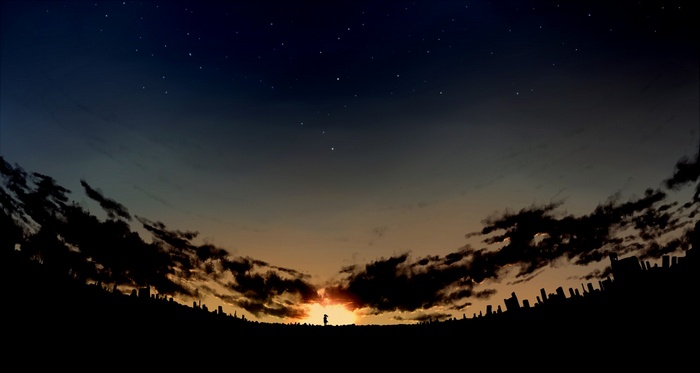 Anime city skyline at sunset with stars