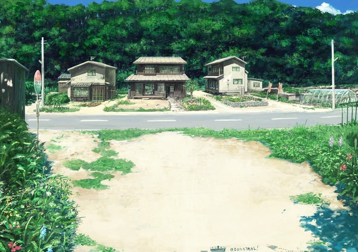 Anime village scene with houses and a forest