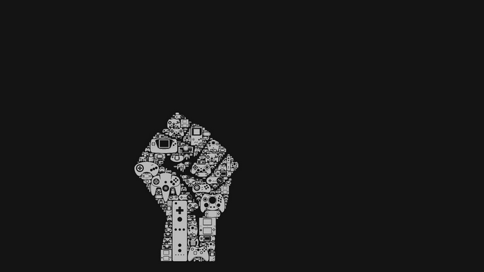 Fist made of video game controllers and consoles