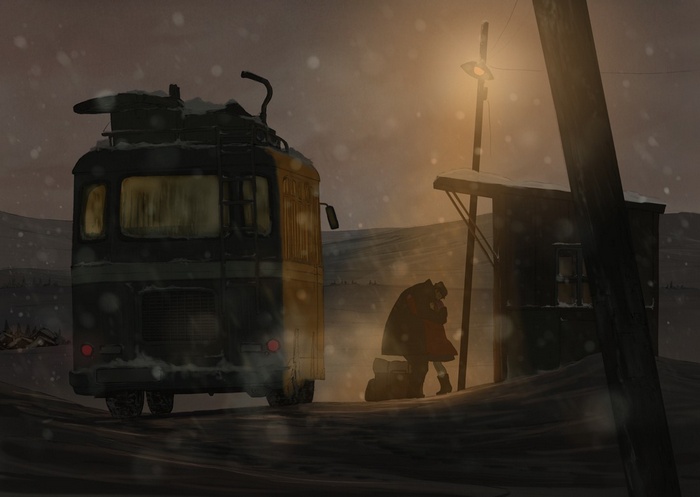 Bus station in a snowstorm at night