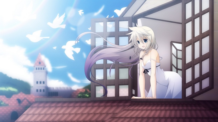 IA from Vocaloid looking out a window with doves flying