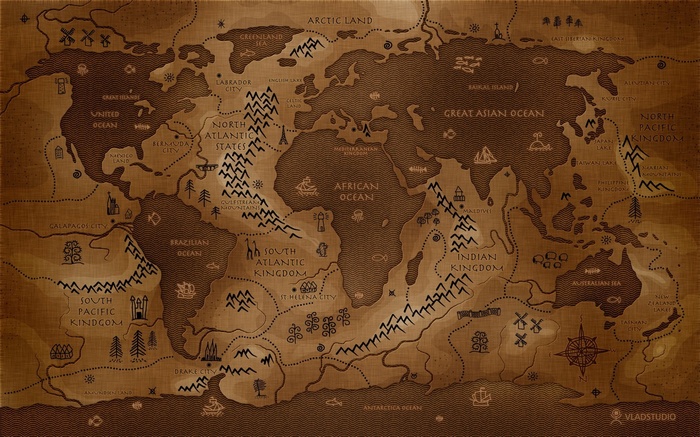 Sepia inverted world map with fantasy kingdoms