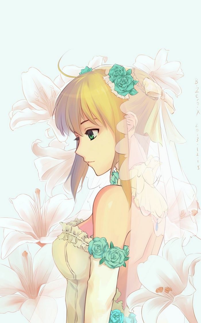Saber in a wedding dress with flowers