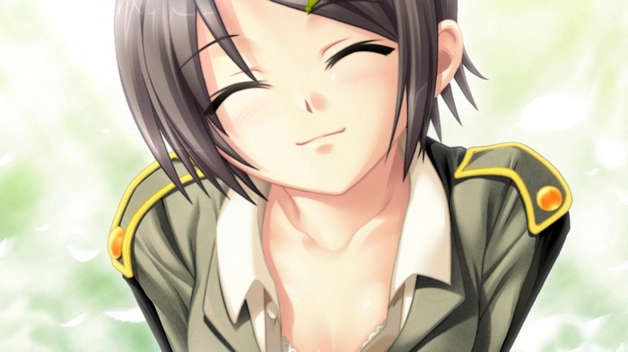 Anime girl in military uniform smiling