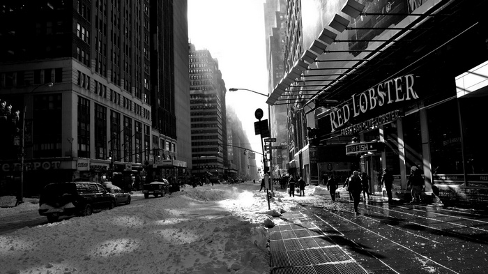 New York City street covered in snow with Red Lobster