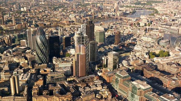 Aerial view of London cityscape with The Gherkin building
