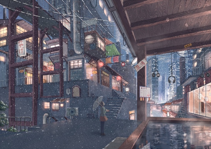 Anime girl with umbrella in snowy cityscape at night