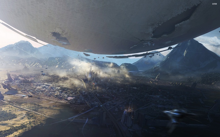 Destiny video game concept art of a futuristic city