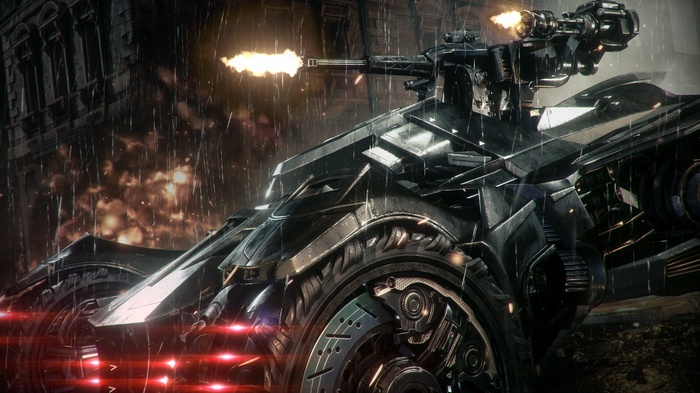 Batmobile firing weapon in Gotham City during a storm
