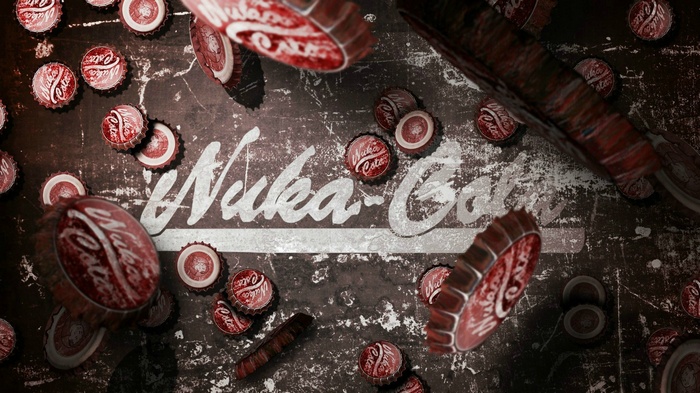 Nuka-Cola bottle caps scattered on a textured surface