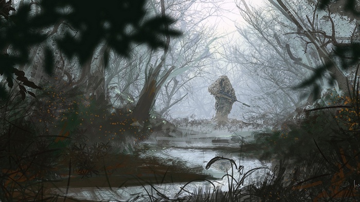 Soldier in ghillie suit with sniper rifle in foggy forest