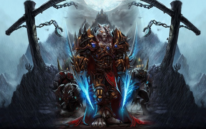Worgen warriors with glowing blades in a dark landscape