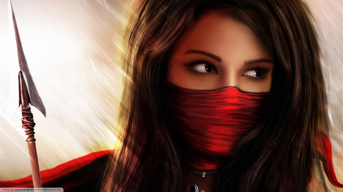 Woman with red mask and spear