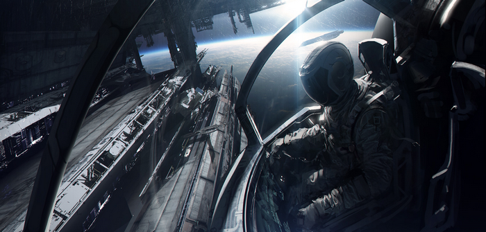 Astronaut in a spaceship cockpit overlooking Earth and a space station