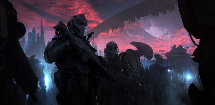 Science fiction concept art of aliens and futuristic city