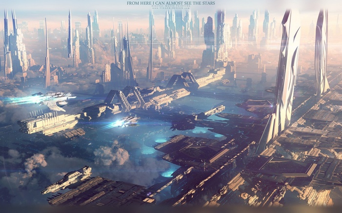 Futuristic city with spaceships flying through clouds