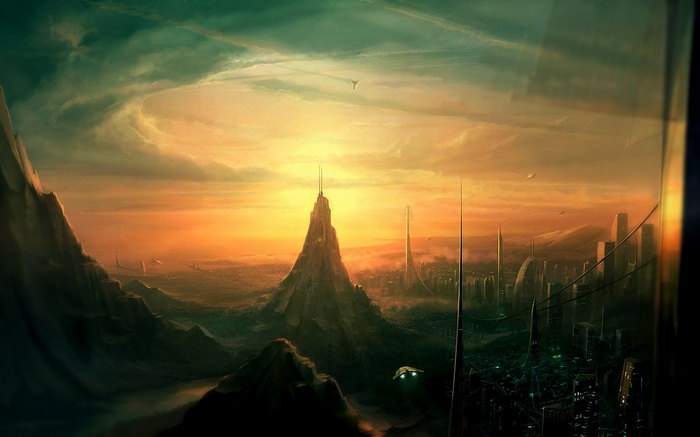 Futuristic city with mountains at sunset