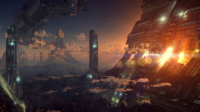 Futuristic city landscape with towering structures and clouds