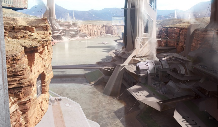 Science fiction canyon with futuristic structures and a river