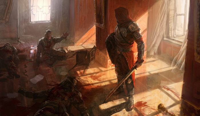Warrior with sword and shield in bloody room