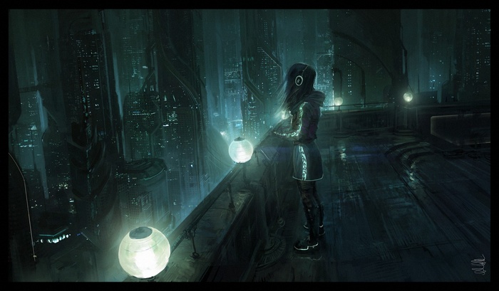 cyberpunk futuristic city concept art cityscape dark digital art balcony headphones skyscraper futuristic science fiction fantasy art city urban
