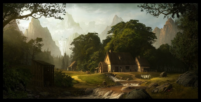 Fantasy landscape with mountains and a mill