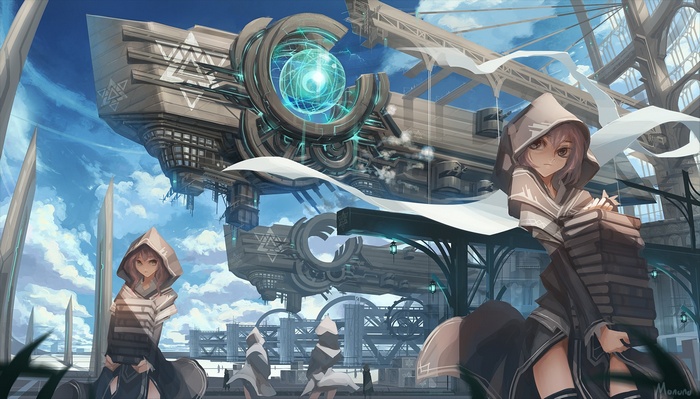 Anime girls with books in a futuristic cityscape