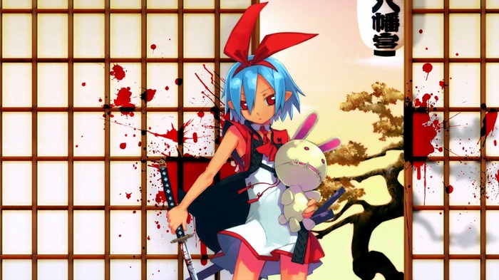 Anime girl with blue hair and bunny ears holding a sword