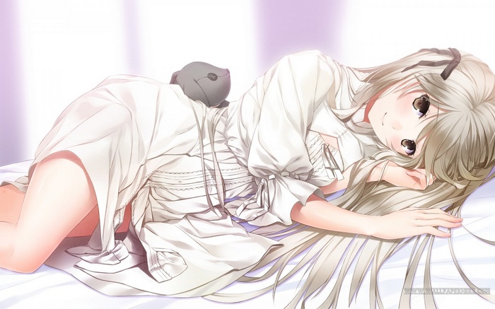 Kasugano Sora lying on a bed with a plush toy