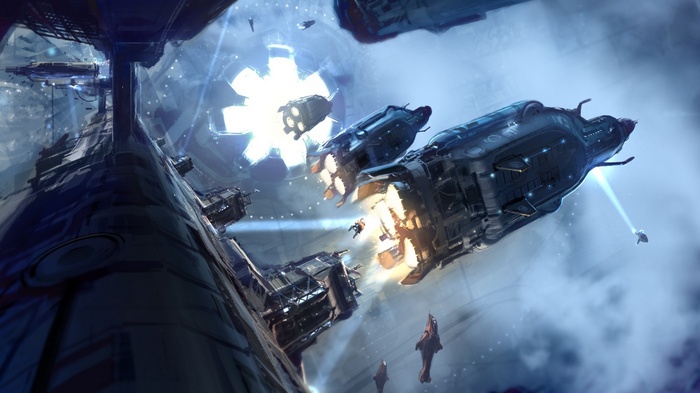 Halo space station with ships and a portal