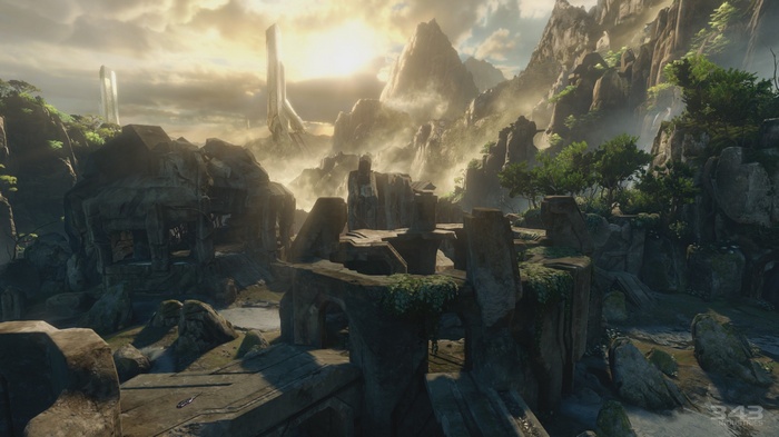 Halo ruins in a misty mountain landscape