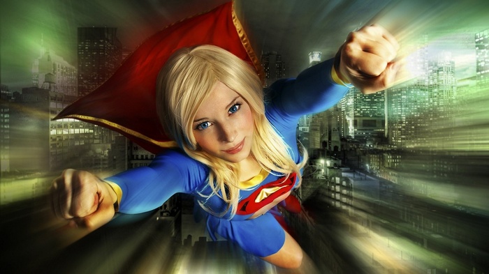 Enji Night as Supergirl flying over a city