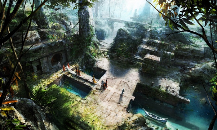 Fantasy art of ancient jungle ruins with people